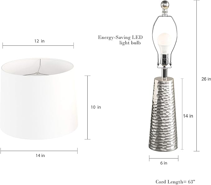 Table Lamps - Set of 2 Hammered Metal Lights with Flared Bases and Drum Shades for End Tables and Nightstands by Lavish Home (Brushed Silver)