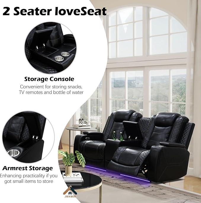Power Reclining Sofa Set for Living Room, Leather Recliner Couch Set with Drop-Down Table, Power Pads, Cup Holders, Storage Console for House/Home Teather(Sofa, Loveseat and Chiar, Black)