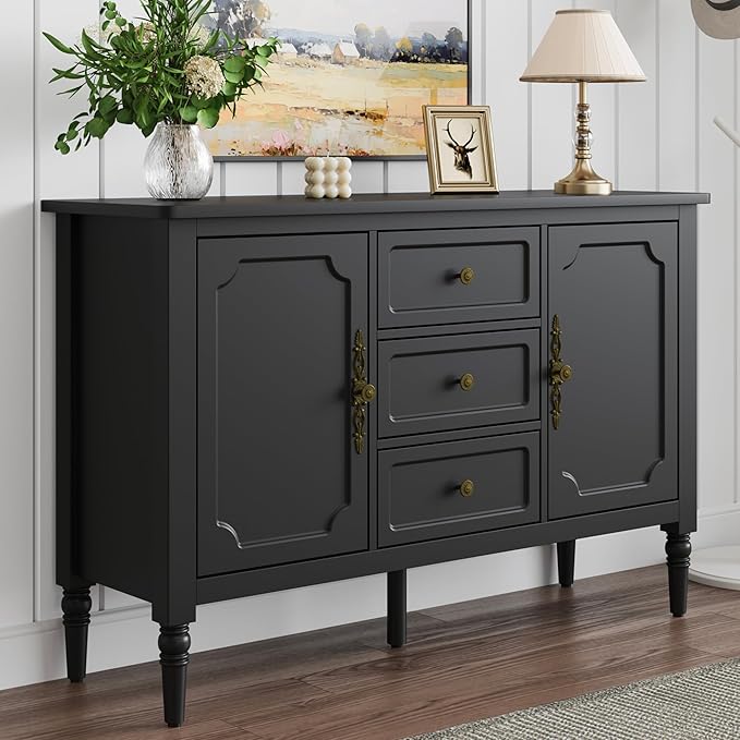 RoyalCraft Buffet Cabinet with 3 Drawers & 2 Doors, Vintage Sideboard with Storage, Mid Century Modern Painted Coffee Bar Table for Entryway, Living Room, Dining Room, Black