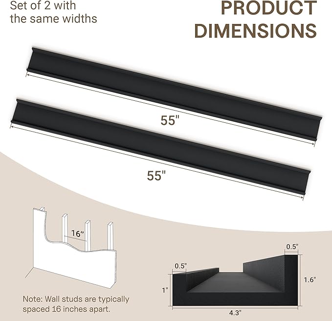 Fun Memories Picture Ledge Shelves Set of 2-55 Inch Shelves with Lip - Large Nursery Bookshelf for Storage - Floating Shelf Wall Mounted for Living Room - Bedroom -Kitchen - Black Color
