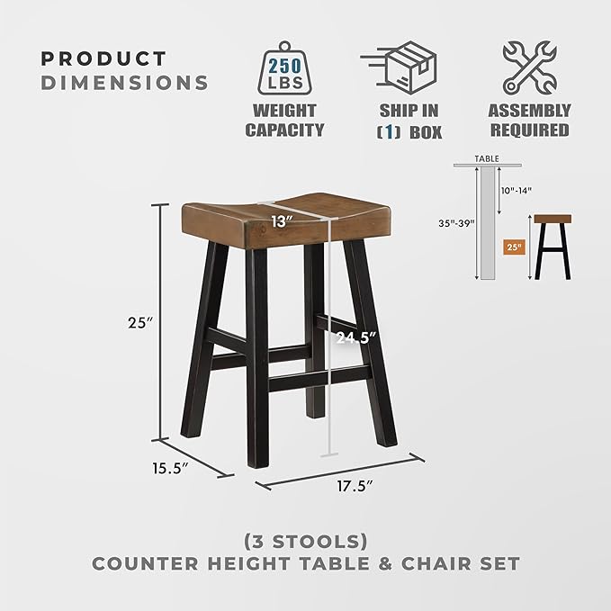Lexicon Bar Table Set for 3, Small Kitchen Table Set Kitchen Island Table with 3 Saddle Bar Stools, 4 Piece Dining Table Set for Breakfast Nook, Living Room, Apartment, Counter Height, Black/Brown