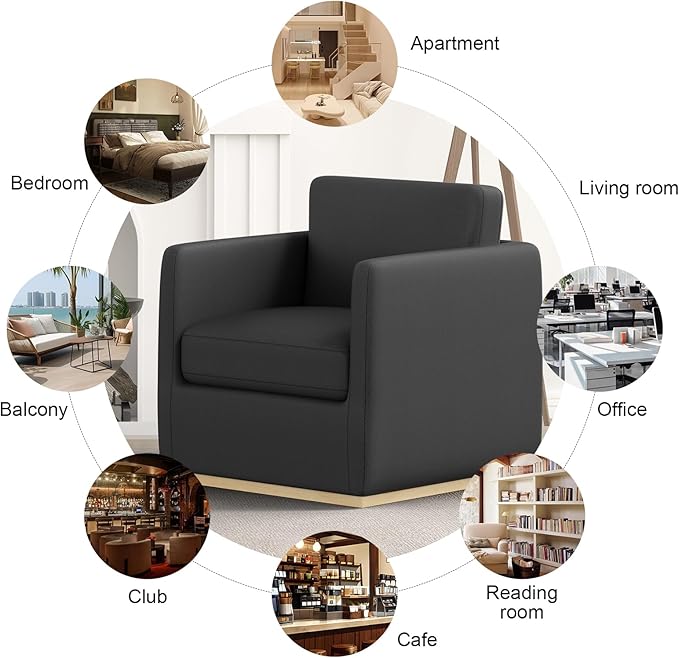 Sunny Heart Swivel Accent Chair, Velvet Swivel Barrel Chair,Club Chair with Wood Base, Modern Upholstered Armchair, Cozy Chairs for Living Room, Bedroom, Reading, Leather-Black