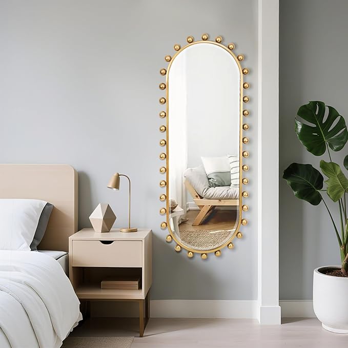 Oval Full-Length Wall Mounted Mirror 20" x 51", Antique Gold Beaded Beveled Mirror with Ball Frame, Vertical & Horizontal Hanging Wall Mirror for Bathroom, Bedroom, Dressing Room, Entryway
