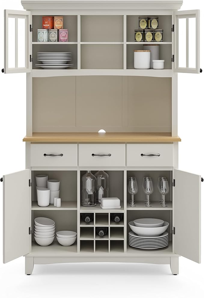 Homestyles Buffet of Buffets Off-White Server with Hutch and Natural Wood Top