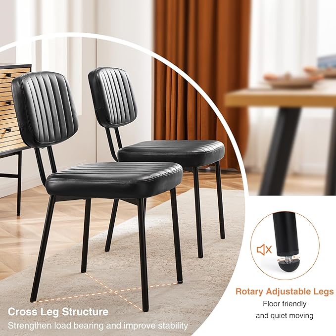 Sweetcrispy Dining Chairs Set of 2, Upholstered Mid Century Modern Kitchen Accent Chairs with Faux Leather Cushion Seat & Metal Legs for Home Office, Living Room - Black