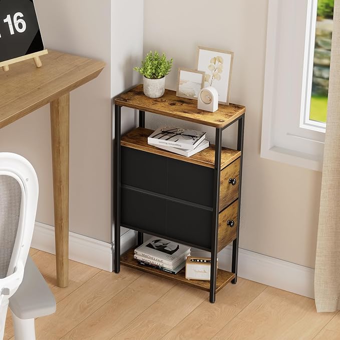 Narrow Nightstands Set 2 - Skinny Side Table Slim Night Stand for Small Space Bedroom Thin Bedsides Tables with 2 Drawers, Farmhouse Brown