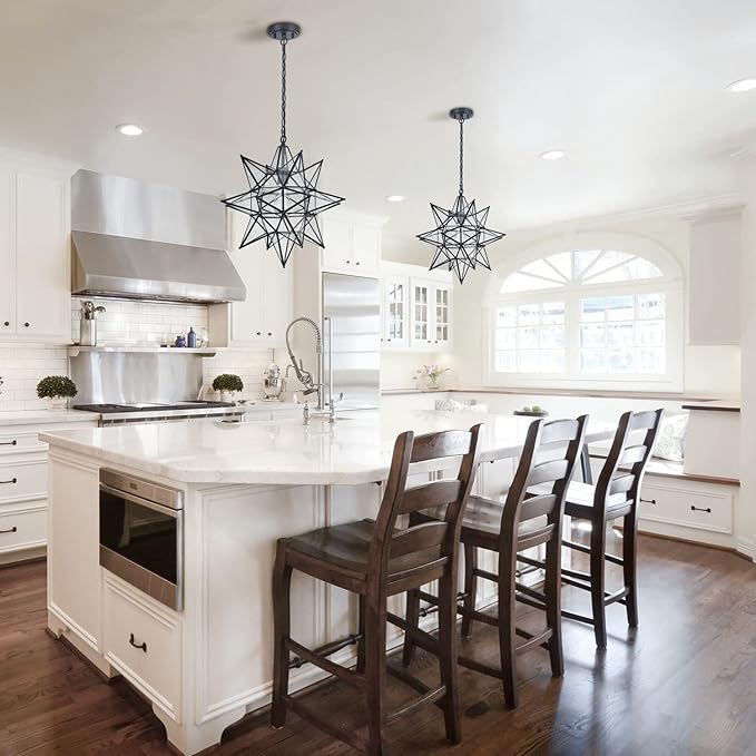 DIRYZON Boho Moravian Star Pendant Light 20 Inch Large Black Hanging Ceiling Light，Modern Clear Glass Pendant Lighting for Kitchen Island Porch Bedroom