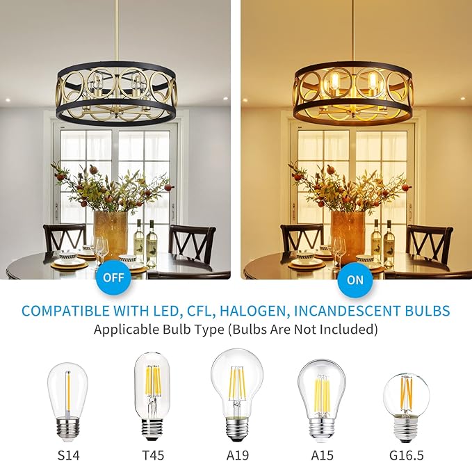 XINGQI 21.7'' Drum Chandelier, 5-Light Rustic Pendant Lighting Modern Farmhouse Chandeliers for Living Room Dining Room Bedroom, Black and Gold Finish Round Metal Ceiling Light Fixture