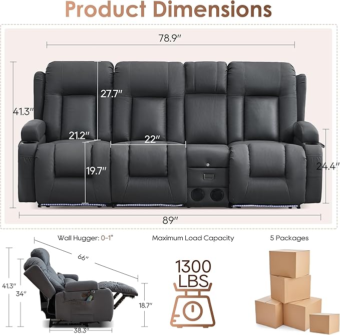 TUNYI Wall Hugger Loveseat Recliner Sofa with Console, Power Reclining Loveseat RV Couch with Massage & Heat/USB/Outlet/Storage/LED Light/Speaker (Blue, 4 Seat)