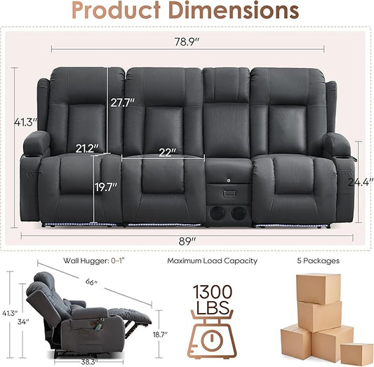 TUNYI Wall Hugger Loveseat Recliner Sofa with Console, Power Reclining Loveseat RV Couch with Massage & Heat/USB/Outlet/Storage/LED Light/Speaker (Blue, 4 Seat)