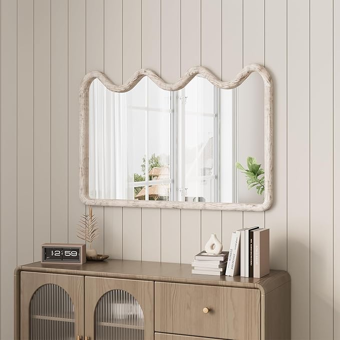 ULIKE Wavy Mirror for Wall, Rustic Wood Mirror for Bathroom Vanity, 24x36 Wooden Wall Mirrors Decorative for Bedroom, Living Room, Entryway, White