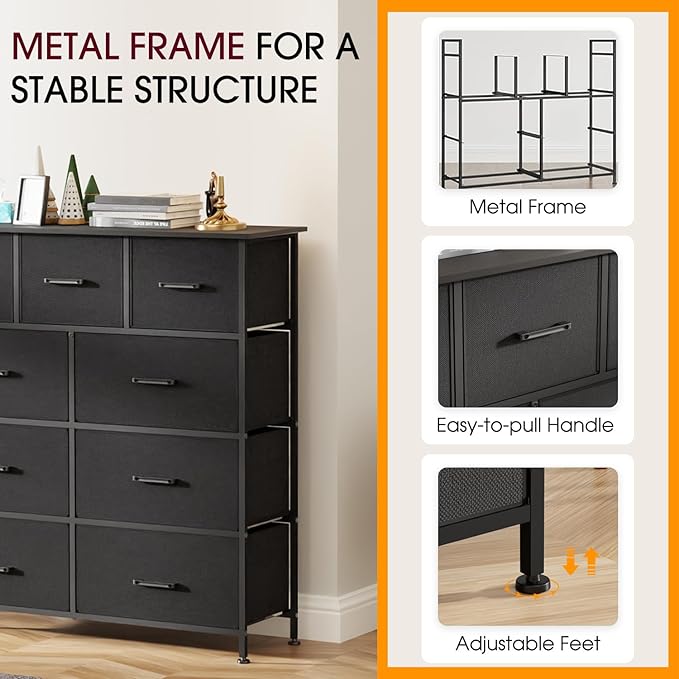 FDW 9-Drawer Fabric Dresser,Sturdy Storage Tower Dresser for Bedroom with Metal Frame,Clothes Organizer Easy-Pull Fabric Bins for Bedroom,Closet,Black