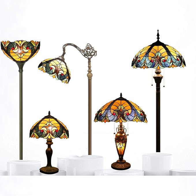 WERFACTORY Tiffany Table Lamp Yellow Liaison Stained Glass Bedside Lamp 16X16X24 Inches Desk Reading Light Metal Base Decor Bedroom Living Room Home Office S160E Series