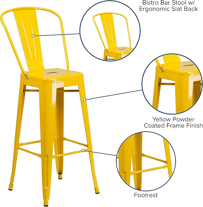 Flash Furniture Lily Commercial Grade 4 Pack 30" High Yellow Metal Indoor-Outdoor Barstool with Removable Back