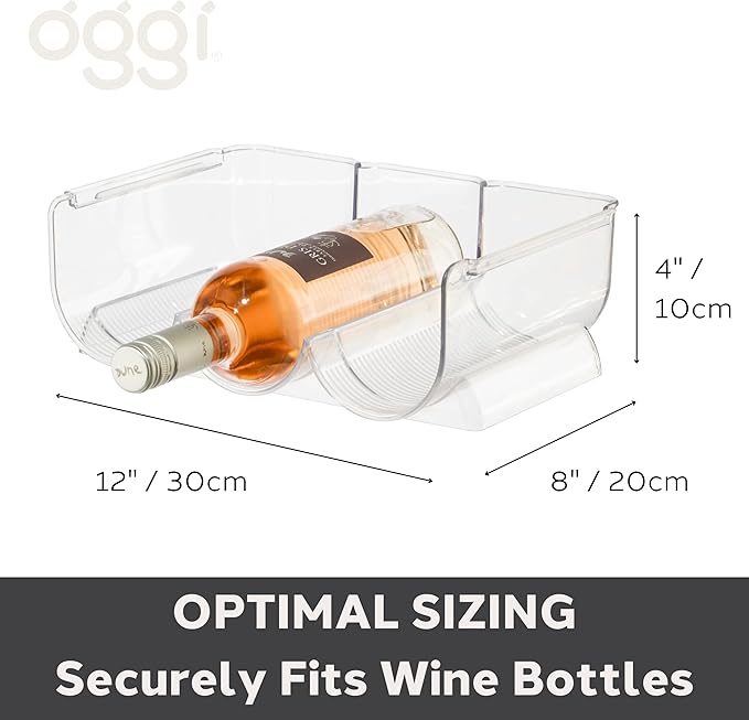 Oggi Bottle Rack for Wine, 6 Bottle Wine Storage - Stackable Wine Rack, Secure Stack Tabs. Water Bottle Storage, Wine Bottle Holder for Kitchen, Cabinet, Fridge - Each Rack Holds 3 Bottles, 2 Pack