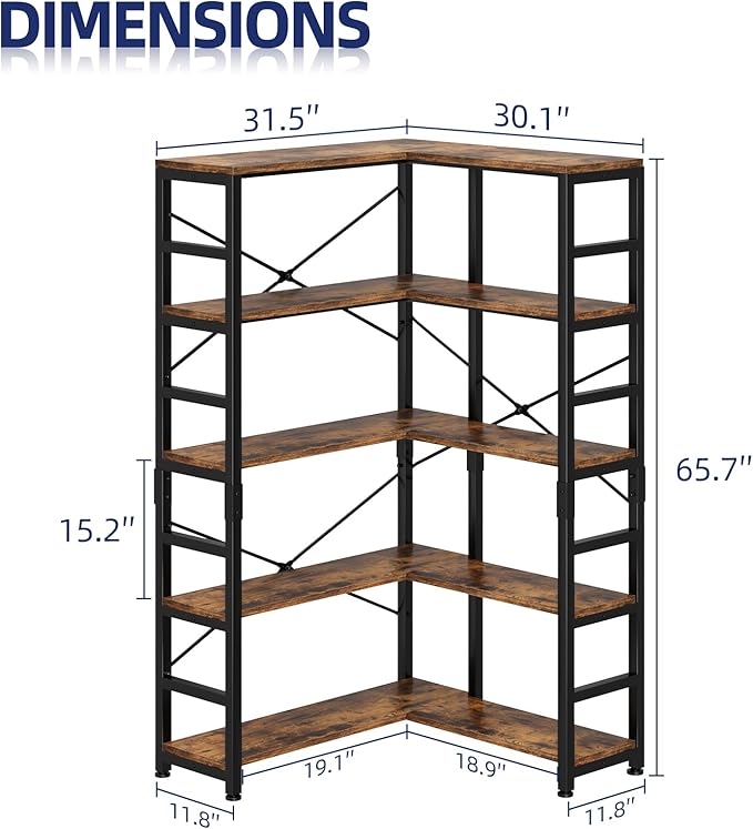 NUMENN 5 Tier Corner Bookshelf, Modern Corner Bookcase, Large Open Shelf Bookcase, Tall Bookshelves Storage Display Rack for Bedroom, Living Room and Home Office, Vintage
