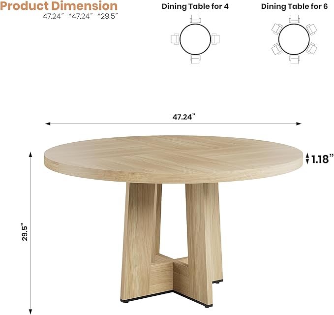 IDEALHOUSE 47" Round Dining Table, Kitchen Table for 4-6 People, Circle Tables with Sturdy Pedestal Base, Space Saving Dinning Room Furniture for Living Room, Kitchen, Apartment, Natural