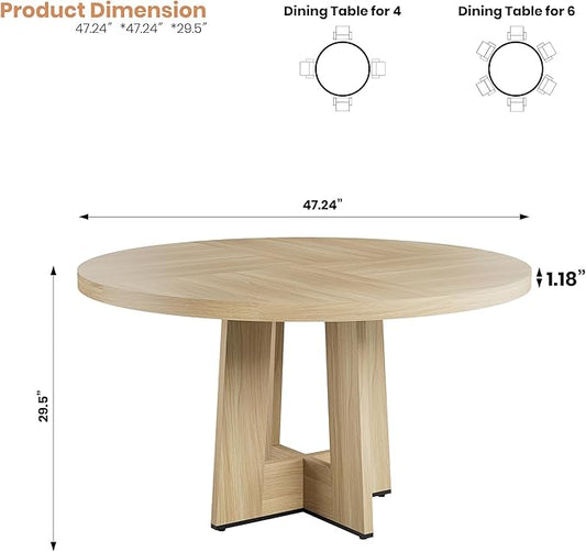 IDEALHOUSE 47" Round Dining Table, Kitchen Table for 4-6 People, Circle Tables with Sturdy Pedestal Base, Space Saving Dinning Room Furniture for Living Room, Kitchen, Apartment, Natural