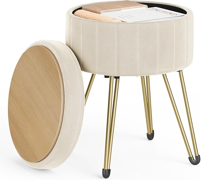 SONGMICS Vanity Stool Chair, Small Ottoman with Storage, Velvet Makeup Stool, 15.4 Dia. x 17.4 H Inches, 4 Metal Legs, for Makeup Room, Living Room, Bedroom, Cream White ULOM003W01