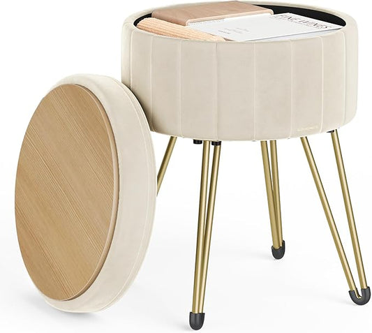 SONGMICS Vanity Stool Chair, Small Ottoman with Storage, Velvet Makeup Stool, 15.4 Dia. x 17.4 H Inches, 4 Metal Legs, for Makeup Room, Living Room, Bedroom, Cream White ULOM003W01