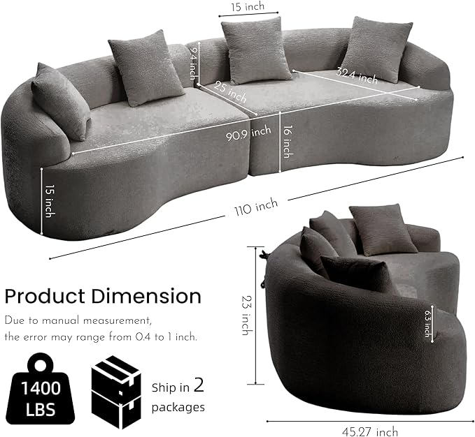 110" Oversized Cloud Sectional Sofa Modern Curved Boneless Couches for Living Room, 4-Seater Extra Deep Seat Foam Floor Compressed Couch w/Tight Backrest and 4 Pillows,Chenille Sofa & Couches | Breathable material, Non-slip, No Assembly Required