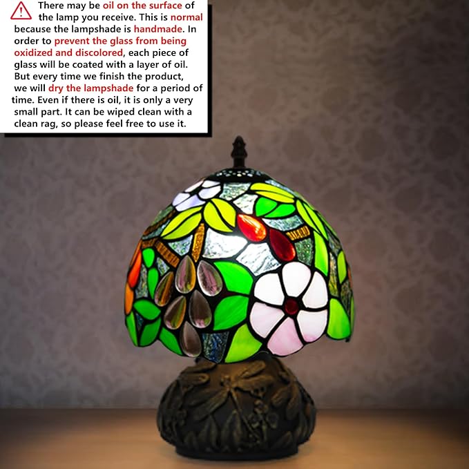 JHuiLap Small Tiffany Stained Glass Lamp, 3 Color Temperatures Bedside Lamp, 8 Inch Mushroom Desk Light for Bedroom Living Room Office Home Decor (Grape Pattern)