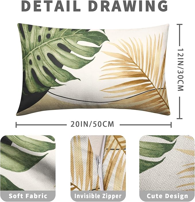 Summer Tropical Leaf Pillow Covers 12x20 Set of 2 Monstera Palm Leaf Lumbar Throw Pillow Cover Green Banana Leaves Botanical Plant Outdoor Rectangle Pillow Case for Living Room Couch Sofa