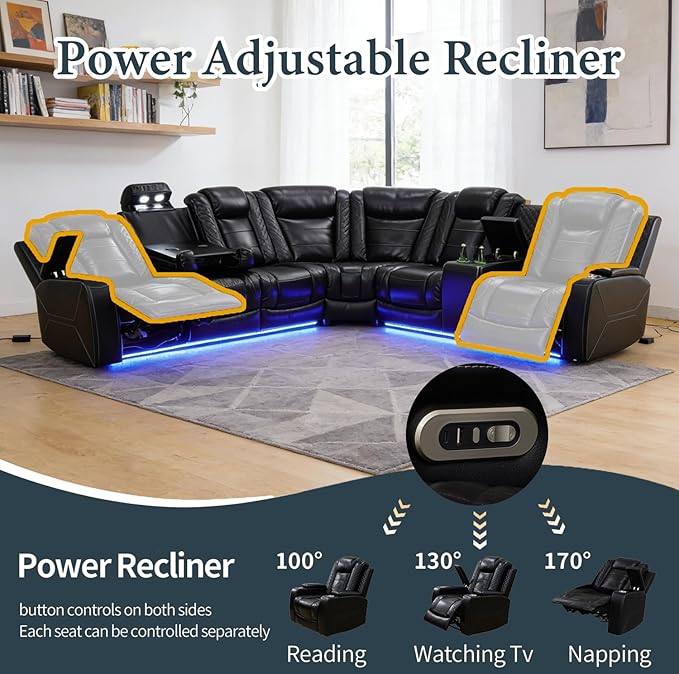 Power Recliner Sectional Sofa Set, Black Leather Sectional Couch and Loveseat for Living Room, L Shape Reclining Sofa with Cup Holder, Hidden Storage, Drop-Down Table for House(8 Seat)