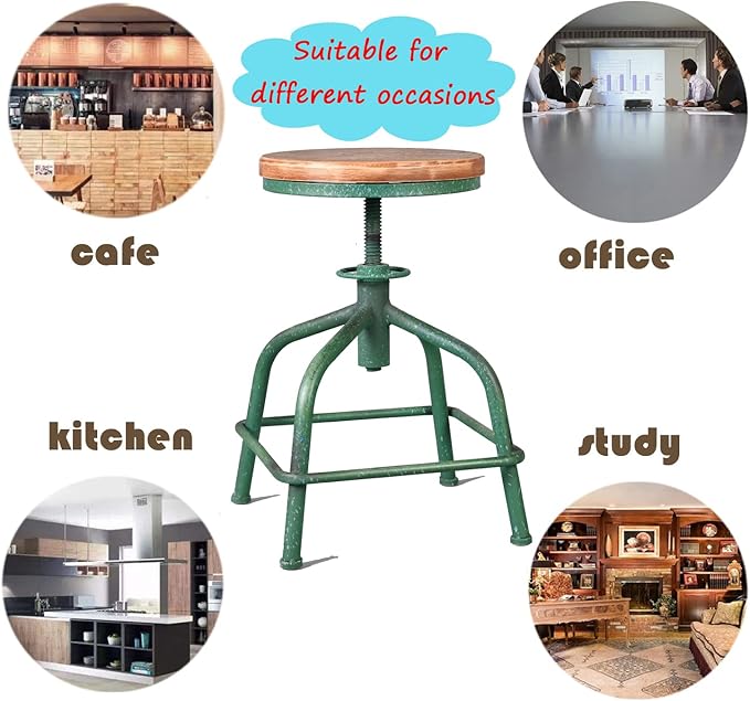 Topower Farmhouse Kitchen Stool, Industrial Counter Stool, Kitchen Deco Round Seat Standard Height Adjustable Swivel Bar Stools Indoor House Design Wood Seat Antique Green Set of 2