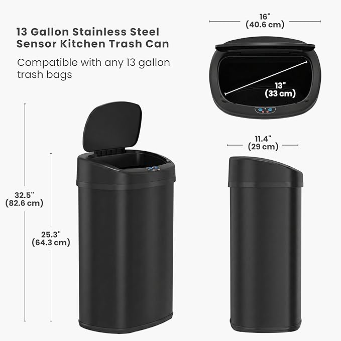 iTouchless 13 Gallon Oval Automatic Garbage Can with Odor Filter, 50L Touchless Kitchen Wastebasket, Smart Hands-Free Motion Sensor Lid, Fingerprint-Proof, Soft-Close, Modern Matte Black Finish