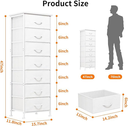 Fixwal Tall Dresser for Bedroom, Storage Dresser Organizer with 7 Fabric Drawers, Nightstand Furniture in Closet, Entryway, Hallway，White