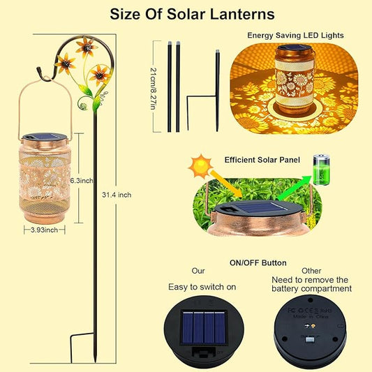 Sunflower Solar Lanterns Outdoor Waterproof with Shepherd Hook, Sunflower Birthday Gifts for Women Mom Grandma, Metal Solar Hanging Lights Garden Decor for Outside Yard Patio Pathway