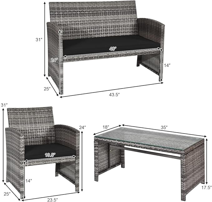DORTALA 4 Piece Patio Furniture Set, Outdoor Wicker Conversation Set with Soft Cushions & Tempered Glass Coffee Table, Rattan Patio Sofa Bistro Sets for Courtyard Balcony, Black