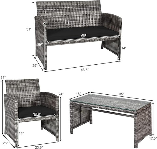 DORTALA 4 Piece Patio Furniture Set, Outdoor Wicker Conversation Set with Soft Cushions & Tempered Glass Coffee Table, Rattan Patio Sofa Bistro Sets for Courtyard Balcony, Black