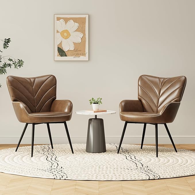 Mid-Century Modern Faux Leather Accent Chair for Living Room, Upholstered Armchair with Curved Back, High-Density Cushion & Metal Legs, Lounge Chair for Bedroom/Reading Corner,Set of 2
