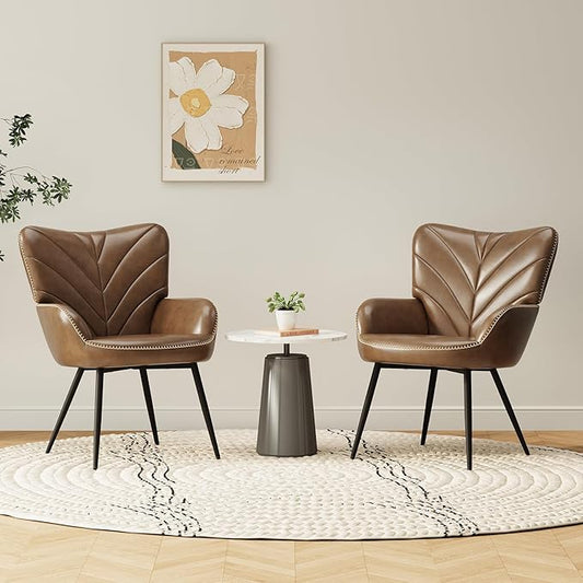 Mid-Century Modern Faux Leather Accent Chair for Living Room, Upholstered Armchair with Curved Back, High-Density Cushion & Metal Legs, Lounge Chair for Bedroom/Reading Corner,Set of 2