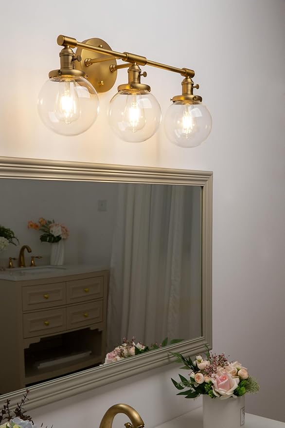 PERMO Bathroom Vanity Light Vintage 3 Light Wall Sconces with 5.9" Round Clear Glass Globe Shade (Antique Gold)