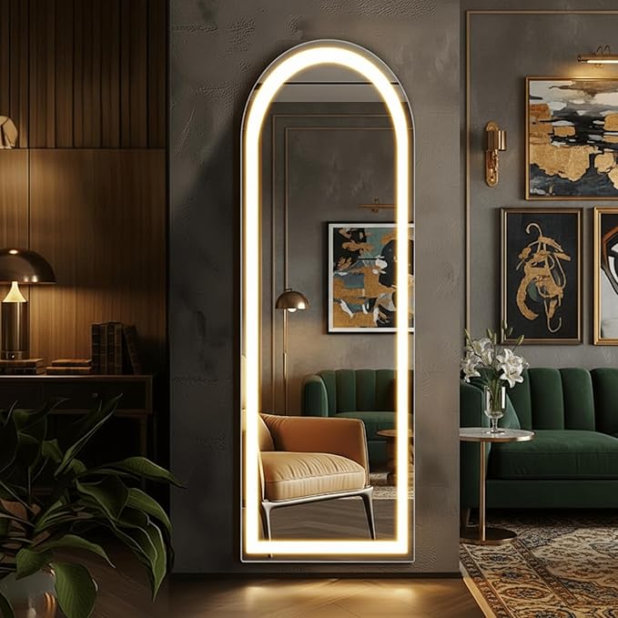Alpen Arched Full Length Mirror, 61" x 16" Floor Mirror with Stand, Body Floor Mirrors with Dimming & 3 Color Lighting, LED Mirrors for Bedroom, Dressing Room, Cloakroom