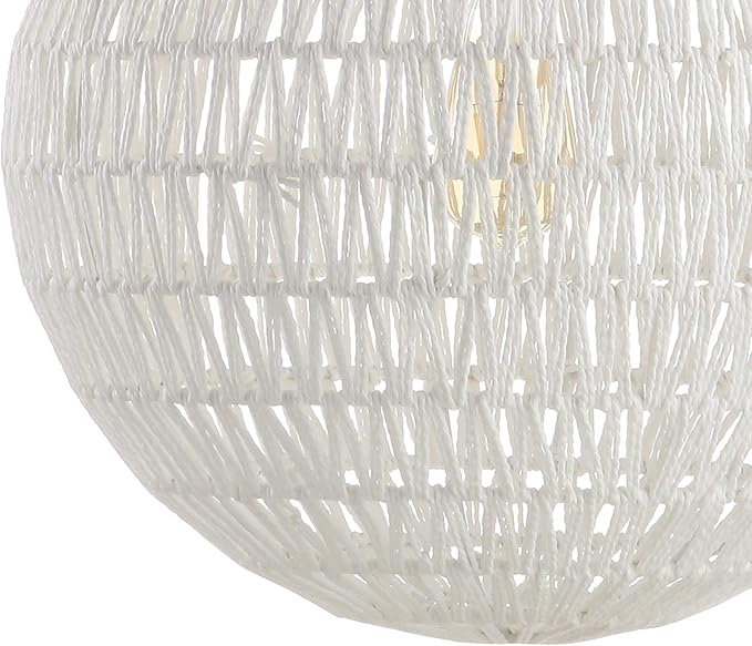 JONATHAN Y 15.7" White Modern Bohemian Woven LED Pendant Light, Adjustable Hanging Ceiling Lamp for Kitchen Island Dining Room, Paper Wicker Shade, Bulb Included JYL6503A
