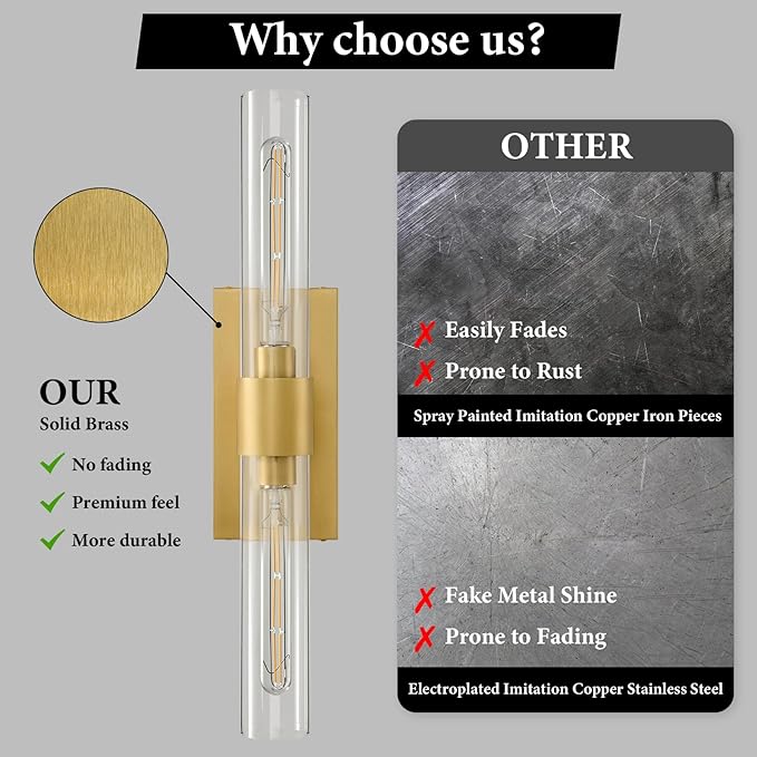 Champagne Brass Bathroom Wall Sconce - Set of 2 Modern Gold Light Sconces - Clear Glass Tube Vanity Lights - Vertical or Horizontal Mounted Dimmable Lighting Fixtures for Indoor Living Room Hallway