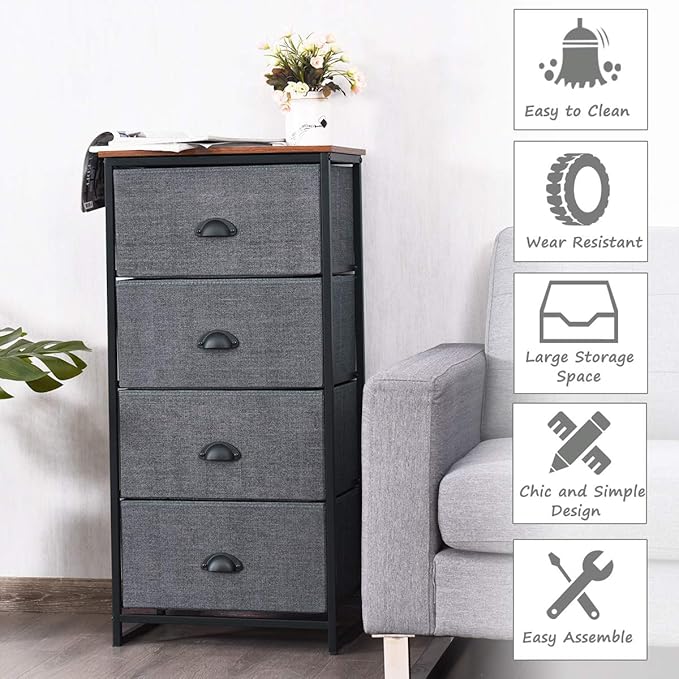 Giantex Dresser Storage Tower Nightstand W/Fabric Drawers, Sturdy Steel Frame and Wood Top Organizer Unit for Bedroom, Living Room, Entryway,Closets End Table Storage Unit (37’’(H), Black)