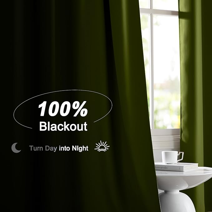 NICETOWN 2 Panels 100% Blackout Curtains, Olive Green 52x84 Inches Black Lined Insulated Window Treatment, Total Light Blocking Rod Pocket Drapes for Living Room, Energy Saving and Privacy Protection