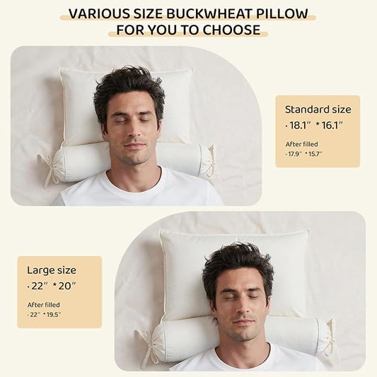 Buckwheat Pillow - 3 Point Support Buckwheat Hull Pillow for Less Pain, 2IN1 Tartary Buckwheat Neck Roll Pillow for Best Support, Adjustable Cervical Neck Pillow with Organic Cotton Pillowcase