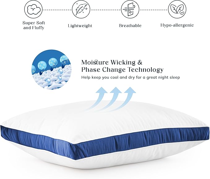 LUX Décor Gusseted Style Soft Hotel Pillows Set of 2 – for Side, Stomach & Back Sleepers - Down Alternative Hotel Bed Pillows – 100% Microfiber Cover, Virgin PSF Fill – Blue, Queen 26x18
