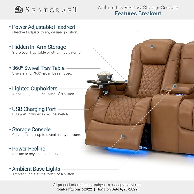 Seatcraft Anthem Italian Leather Loveseat w/Storage Console, Living Room, Power Headrest, Power Recline, Tan Oak