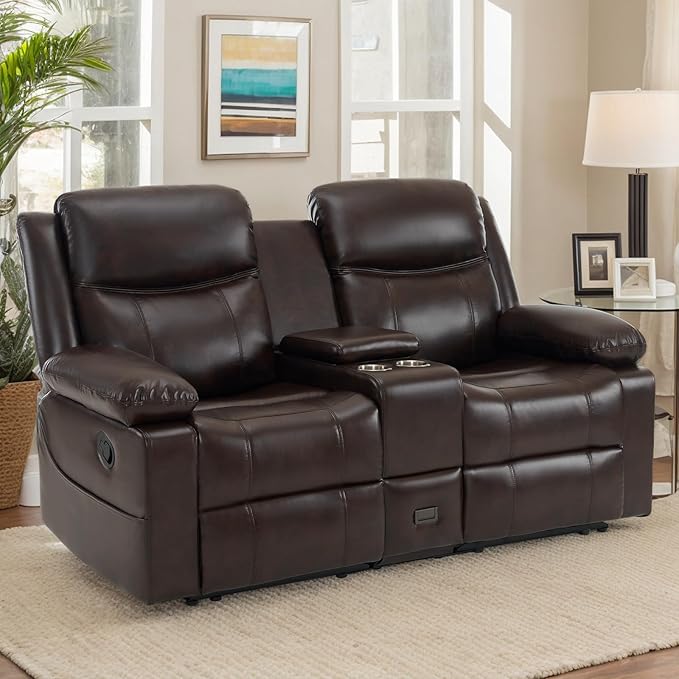 Loveseat Recliner Sofa with Massage & Heating, Reclining Loveseat with Console, RV Wall Hugger Double Loveseat Recliner Couch for Living Room & Home Theater (Brown)