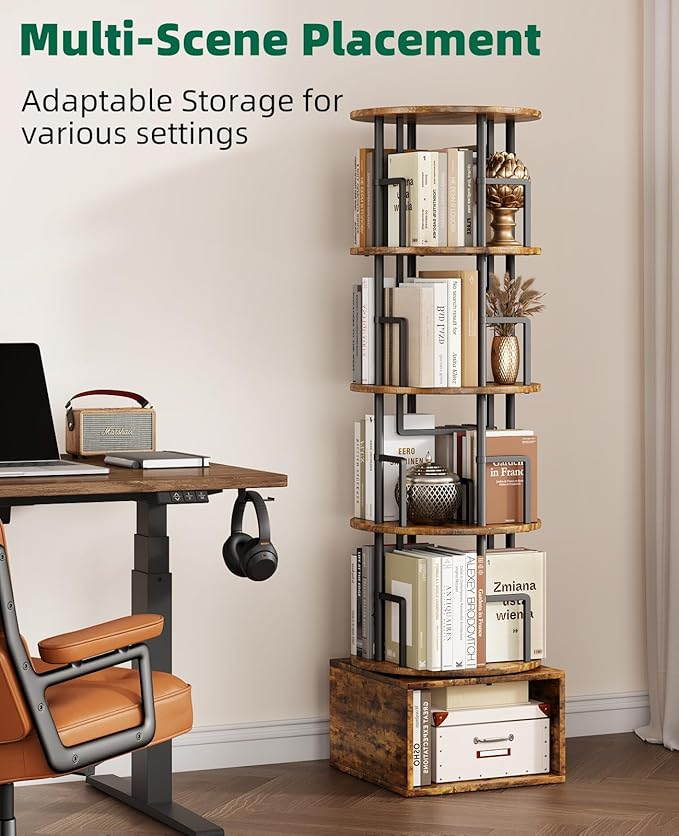 5 Tier Rotating Bookshelf with Extra Storage Cabinet, 360°Spinning Corner Bookshelf, Floor Standing Bookcase for Kids & Adult, Narrow Book Shelf for Bedroom Living Room, Vintage Brown