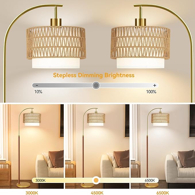 Boho Floor Lamps for Living Room Wood Floor Lamp with Remote Control,Dimmable Rattan Floor Lamps Wicker Lamp Shades Black Standing Lamp with 3 Color Temperature Tall Floor Lamp For Bedroom Corner