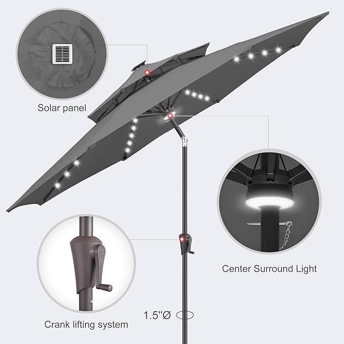 9FT Solar Umbrella Outdoor - 2-Tier Lighted Solar Patio Umbrella with 40 LED Lights Waterprool UV Protection, Table Umbrella with Tilt for Pool, Porch, Garden, Backyard (Anthracite)