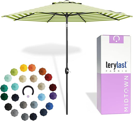 Midtown Umbrellas - 10-Year-No-Fade 9 Ft Patio Umbrella with Terylast Fabric, Auto-Tilt Aluminum Frame and 8 Reinforced Ribs for Deck, Pool, Garden & Beach - Green/White Stripes Canopy, Black Pole